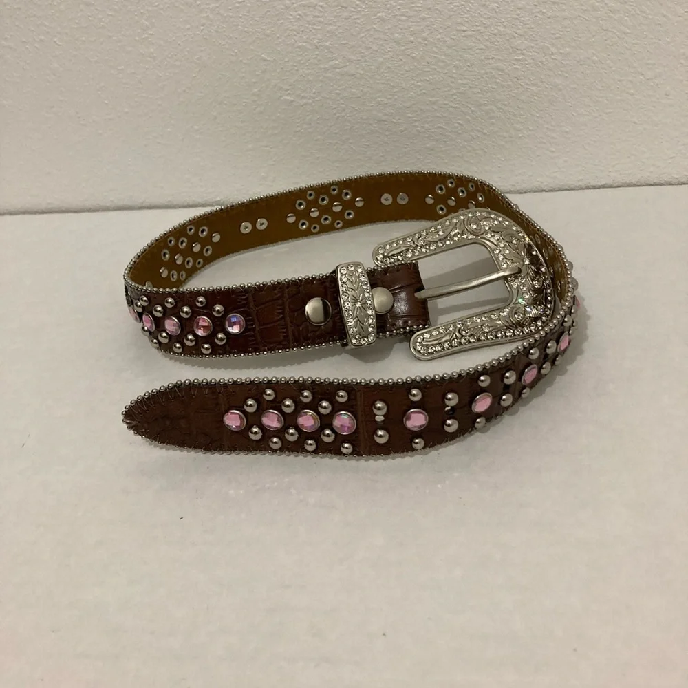 Girl's Sparkle Pink Heart 💖 Western-style Brown Leather Belt Rhinestone